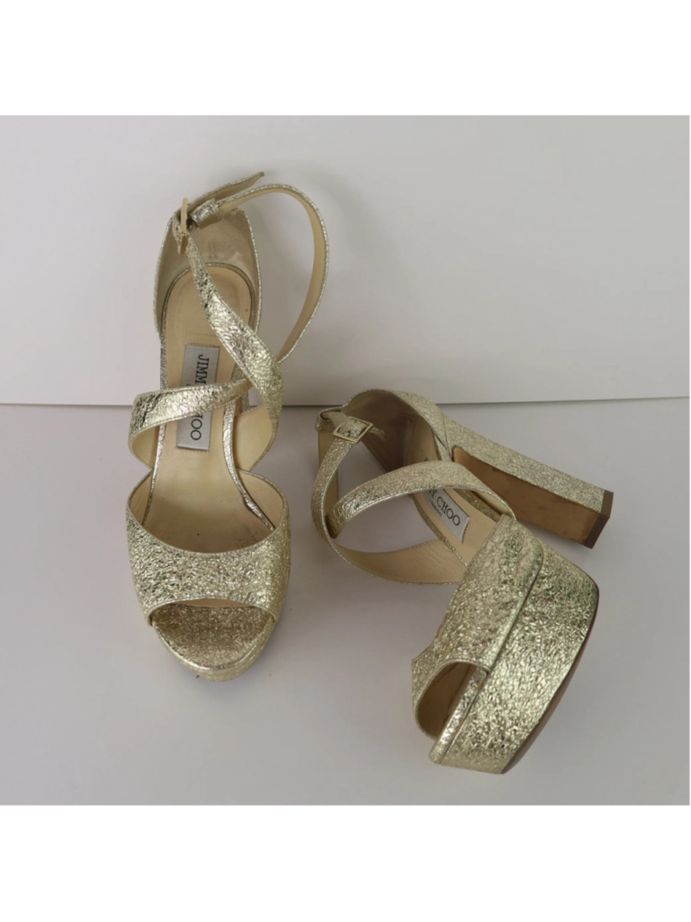 Jimmy Choo Gold Platform Heels EU 36.5 US 6.5 Metallic Leather Sandals 0483 - Picture 8 of 16